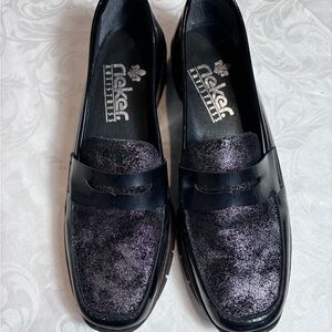 Reiker Antistress Patent Leather Wedge Shoe Slip On Black Glitter Size 6.5(40)